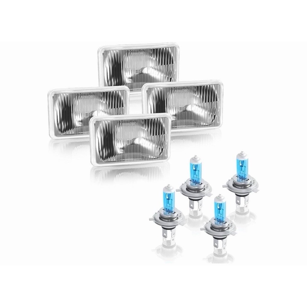 4X6" Halogen Crystal Clear Glass Lens Metal Headlight H4 Light Bulb Headlamp Set